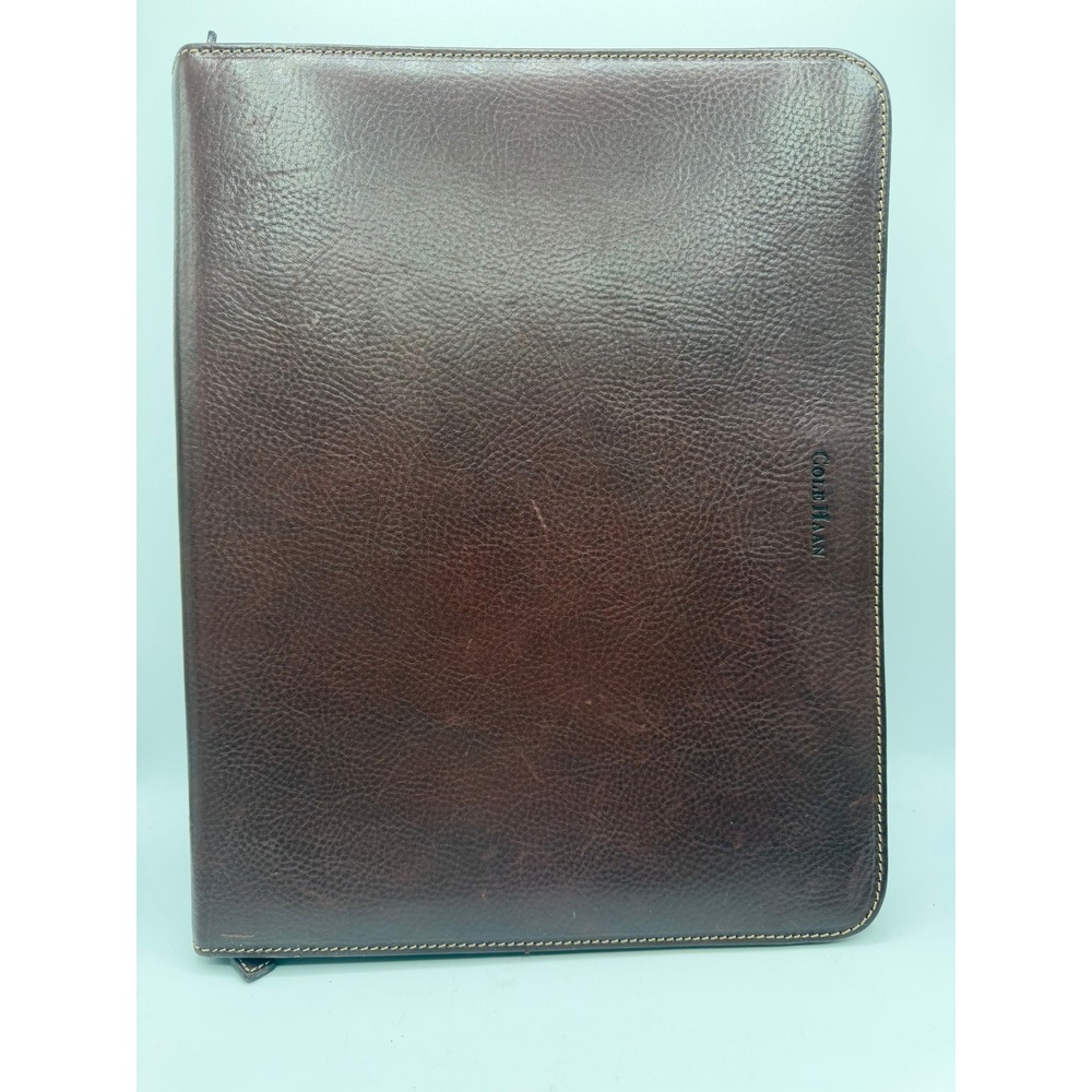 Cole Haan Leather Portfolio Padfolio Vintage Crafted Italy Brown Zippered 13x10